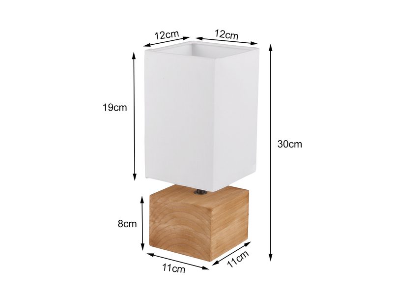 Tischleuchte WOODY Holzfuß mit Stoffschirm in Weiß 12x12cm Höhe 30cm