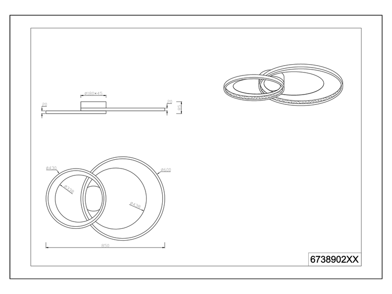 Große LED Deckenleuchte GRANADA 2 Ringe Silber Chrom, dimmbar, Breite 85cm