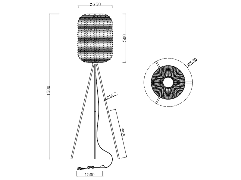 Stehlampe RUNA Dreibein mit Korbgeflecht Lampenschirm aus Sisal, Höhe 150cm