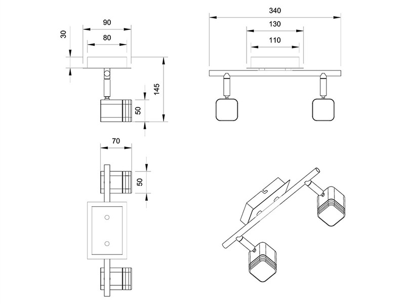 2er SET LED Deckenstrahler 2-flammig Silber matt, Breite 34cm