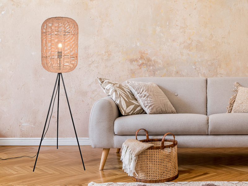 Geflochtene Tripod LED Stehlampe mit Sisal Lampenschirm