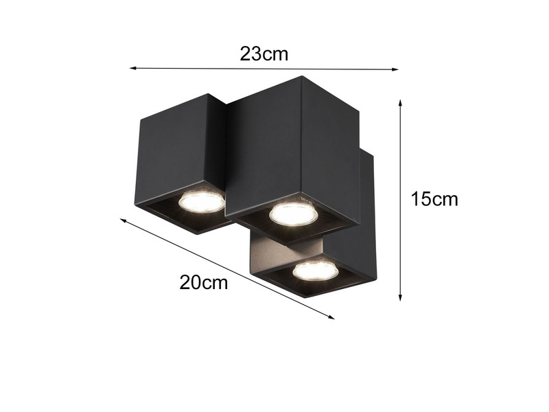 Eckiger LED Deckenstrahler 3 flammig dimmbar, Aufbaustrahler Schwarz matt