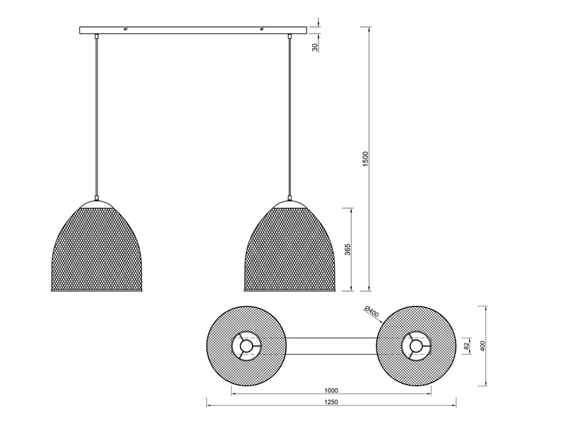 LED Pendelleuchte mit 2 Drahtgeflecht Metallschirmen Silber, Länge 125cm