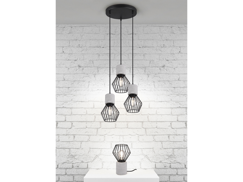 Pendelleuchte JAMIRO 3-flammig mit Draht Lampenschirmen & Betonoptik, Ø 25cm