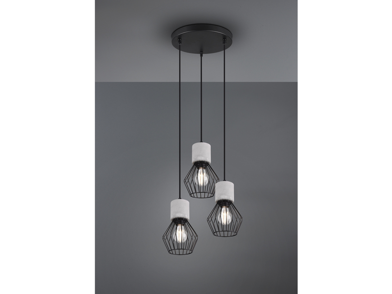 Industrial Pendellampe JAMIRO, 3 Drahtkörbe Schwarz & Betonoptik, Ø 25cm