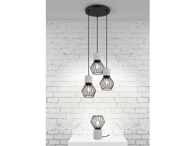 Industrial LED Hängelampe, 3 Drahtkörbe Schwarz & Betonoptik, Ø 25cm