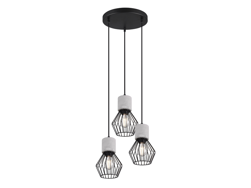Industrial LED Hängelampe, 3 Drahtkörbe Schwarz & Betonoptik, Ø 25cm