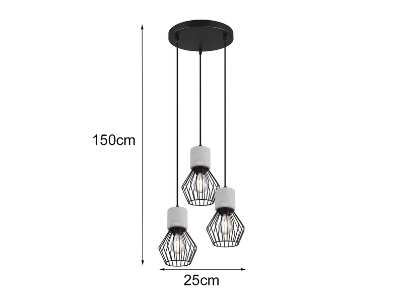 Industrial LED Hängelampe, 3 Drahtkörbe Schwarz & Betonoptik, Ø 25cm
