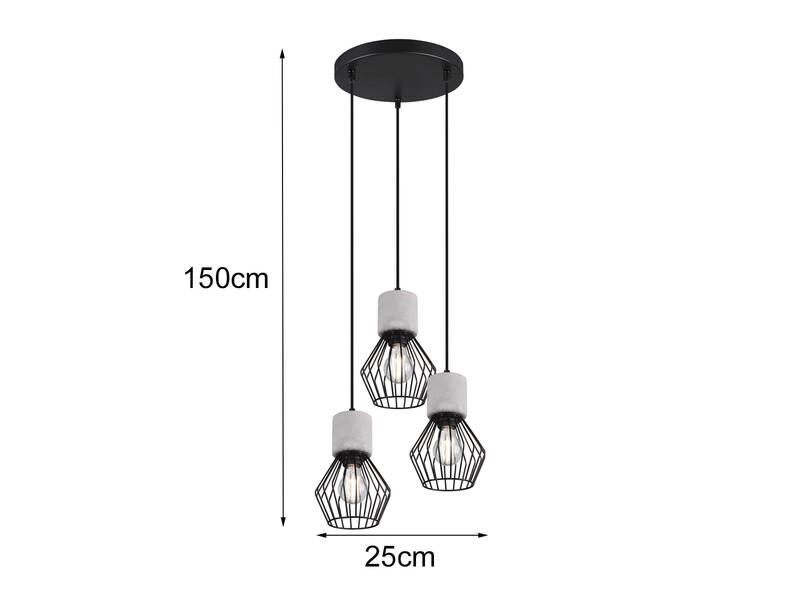 Industrial LED Pendellampe mit 3 Drahtkörben in Schwarz matt & Betonoptik