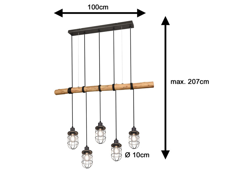 Vintage Pendelleuchte FORESTER 5-flammig mit Holzbalken, 100cm breit