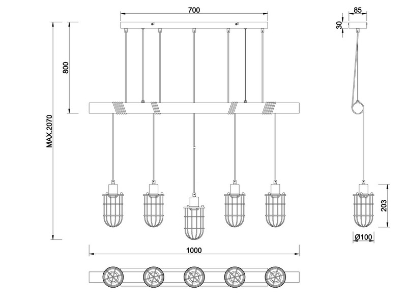 Vintage LED Pendelleuchte 5-flammig mit Holzbalken, 100cm breit