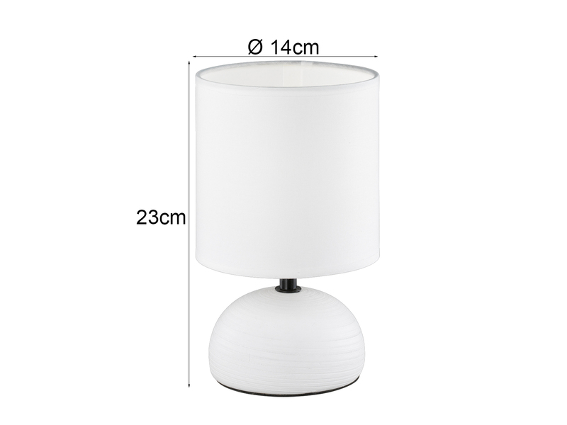 LED Tischleuchte Keramik Weiß runder Stofflampenschirm  in Weiß, Höhe 23cm