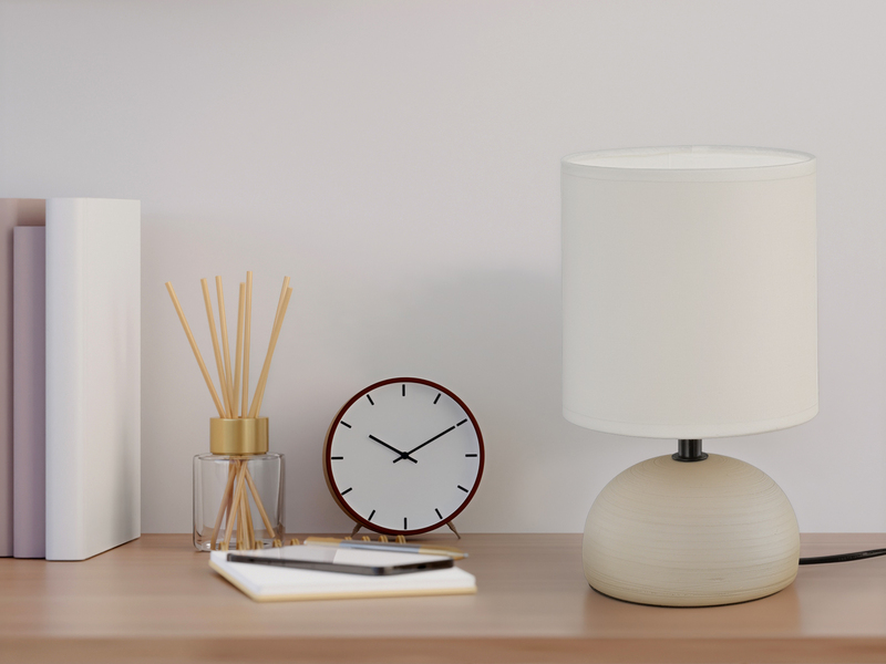 LED Tischleuchte Keramik Cappucino runder Stofflampenschirm Weiß, Höhe 23cm