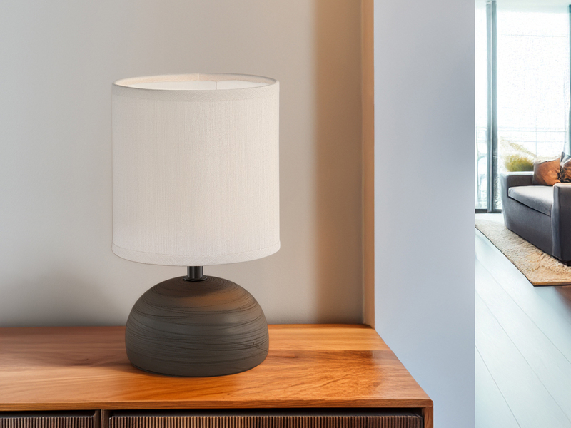 LED Tischleuchte Keramik Braun runder Stofflampenschirm Weiß, Höhe 23cm