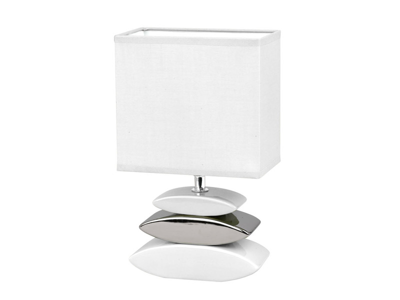 Kleine LED Tischlampe Weiß mit Keramikfuß in Steinoptik & Stoffschirm eckig
