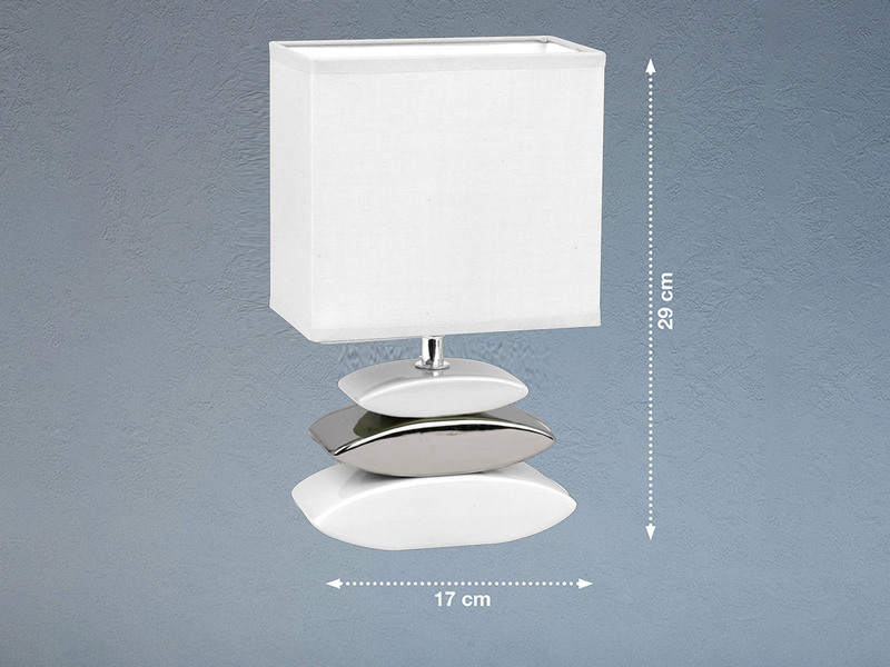 Kleine LED Tischlampe Weiß mit Keramikfuß in Steinoptik & Stoffschirm eckig
