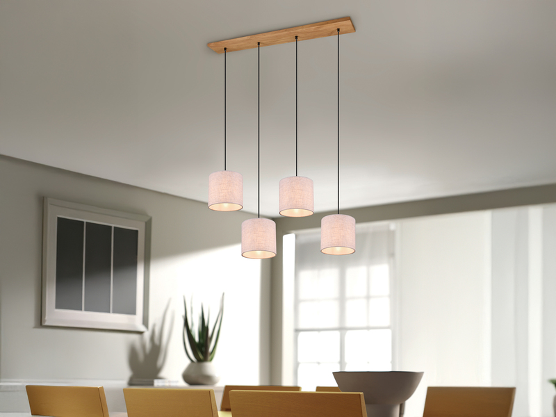 Pendelleuchte ELMAU mit Stoffschirmen Beige & Naturholz Baldachin, Breite 100cm