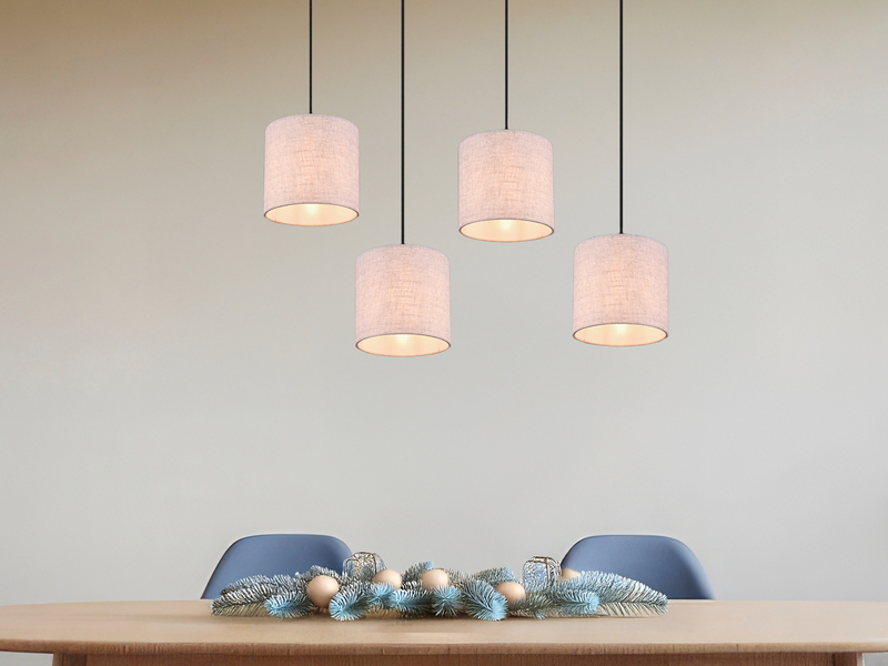 Pendelleuchte ELMAU mit Stoffschirmen Beige & Naturholz Baldachin, Breite 100cm