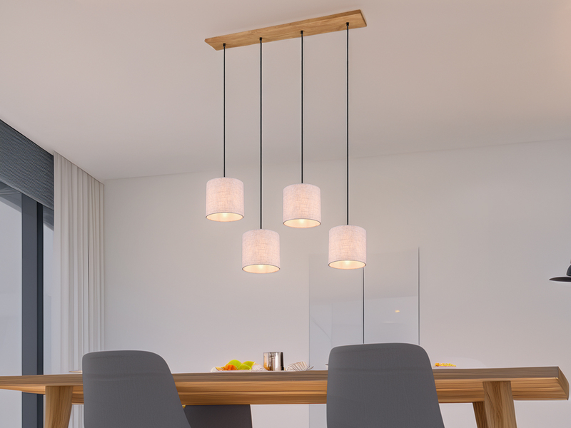 LED Pendelleuchte mit Stoffschirmen Beige & Naturholz Baldachin, Breite 100cm