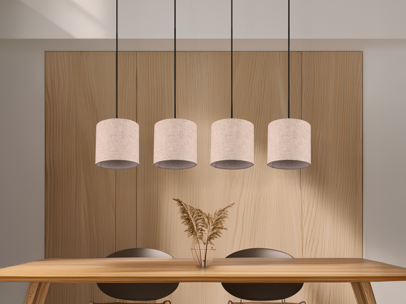 LED Pendelleuchte mit Stoffschirmen Beige & Naturholz Baldachin, Breite 100cm