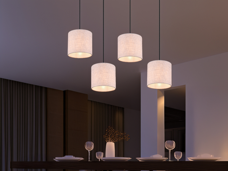 LED Pendelleuchte mit Stoffschirmen Beige & Naturholz Baldachin, Breite 100cm