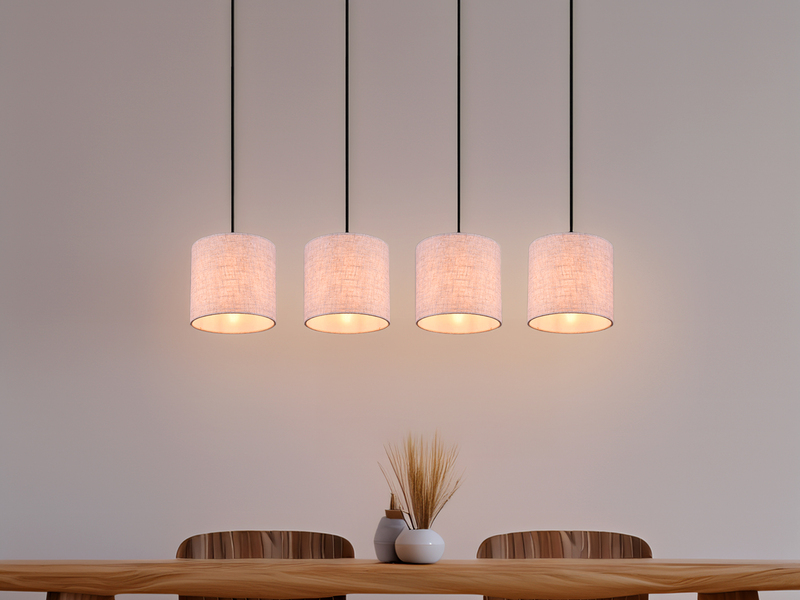 LED Pendelleuchte mit Stoffschirmen Beige & Naturholz Baldachin, Breite 100cm