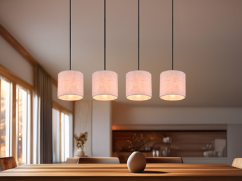Schlichte LED Pendellampe mit Stoffschirm Beige und Naturholz Baldachin