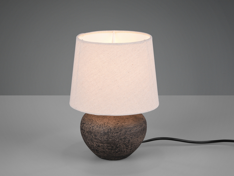 Rustikale Keramik Tischleuchte LOU Braun Stoffschirm in Beige, Höhe 25cm