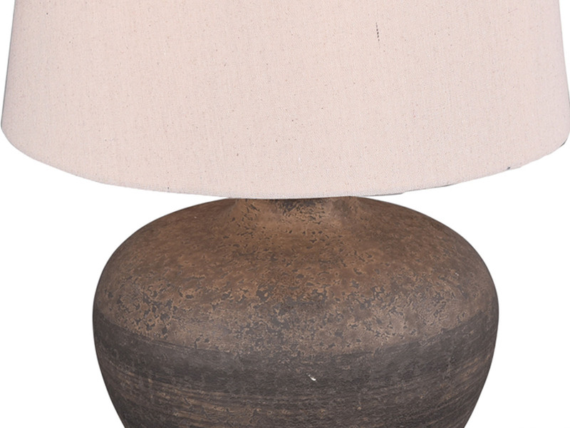 Große LED Keramik Tischleuchte braun mit Stoffschirm in beige, Ø 38cm Höhe 46cm