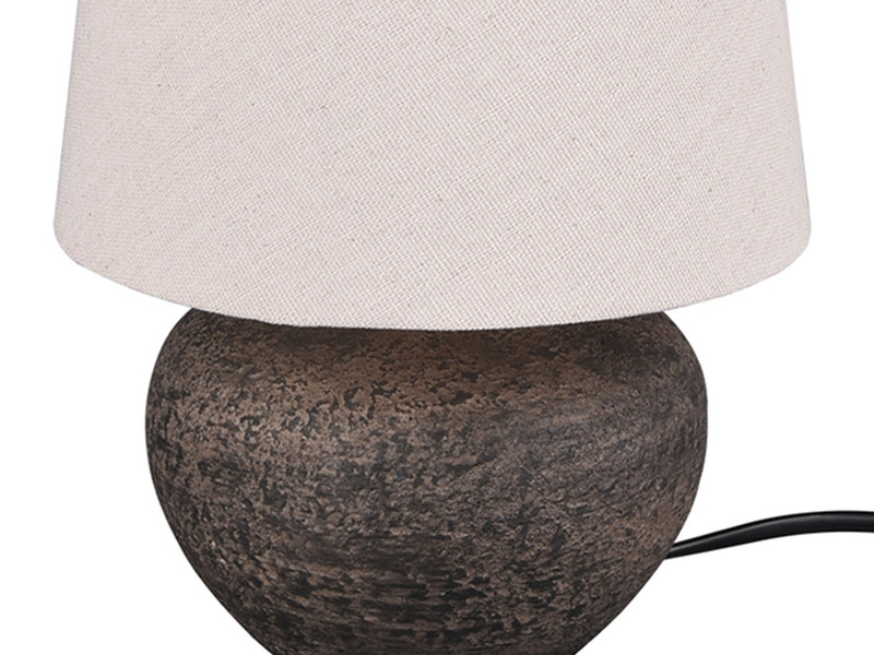 Rustikale Keramik LED Tischleuchte braun Stoffschirm in beige, Ø 18cm Höhe 25cm