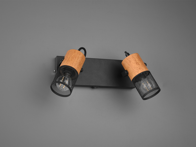 Zweiflammiger Wandstrahler TOSH mit Metall Gitterschirme schwarz & Holzsockel