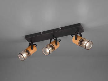 Deckenstrahler TOSH 3-flammig, Schwarz mit Holz & Gitterschirmen, Breite 44cm