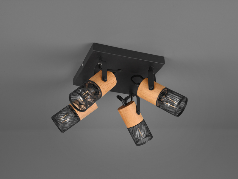 Deckenstrahler TOSH 4-flammig, Schwarz mit Holz, Quadrat 22cm