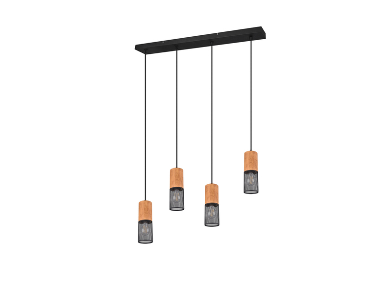 Balkenpendellampe TOSH mit 4 Draht Lampenschirmen Schwarz & Holzfassungen