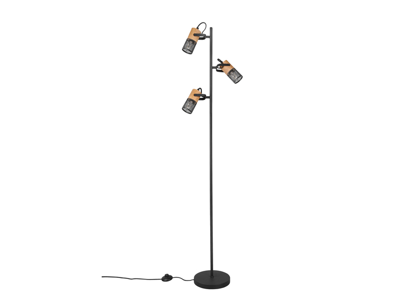 Stehlampe TOSH mit 3 Strahlern Gitter Schwarz & Holz, schwenkbar, Höhe 150cm