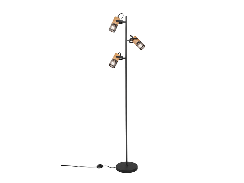 Dreiflammige TOSH Stehlampe mit schwenkbaren Metallgeflecht Spots Schwarz & Holz