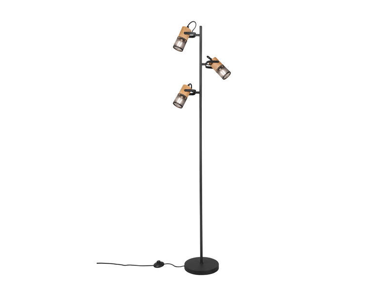 Stehlampe TOSH mit 3 Strahlern Gitter Schwarz & Holz, schwenkbar, Höhe 150cm