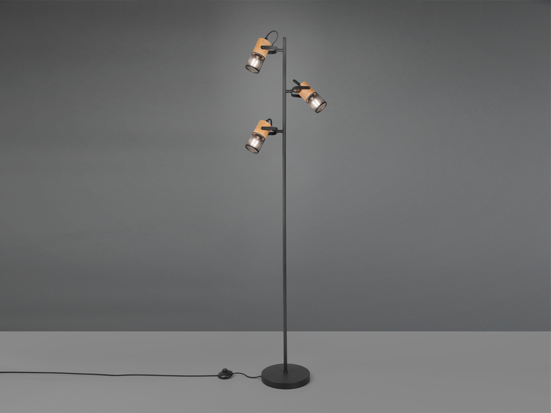 Stehlampe TOSH mit 3 Strahlern Gitter Schwarz & Holz, schwenkbar, Höhe 150cm