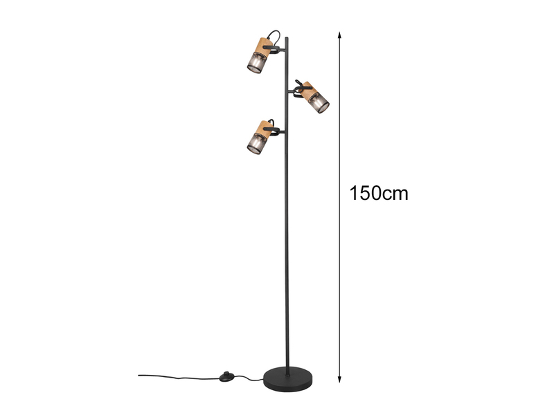 Stehlampe TOSH mit 3 Strahlern Gitter Schwarz & Holz, schwenkbar, Höhe 150cm