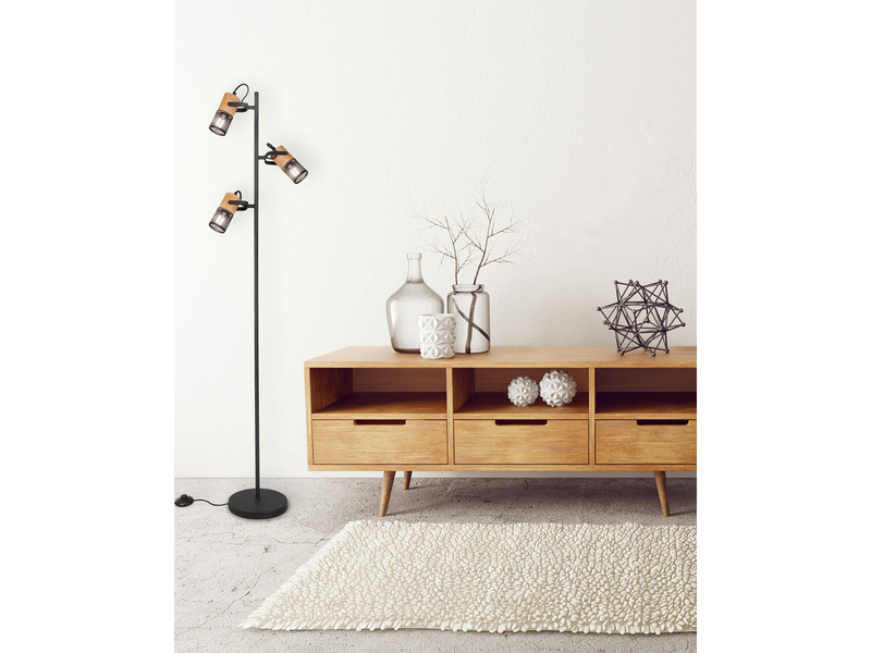Stehlampe TOSH mit 3 Strahlern Gitter Schwarz & Holz, schwenkbar, Höhe 150cm