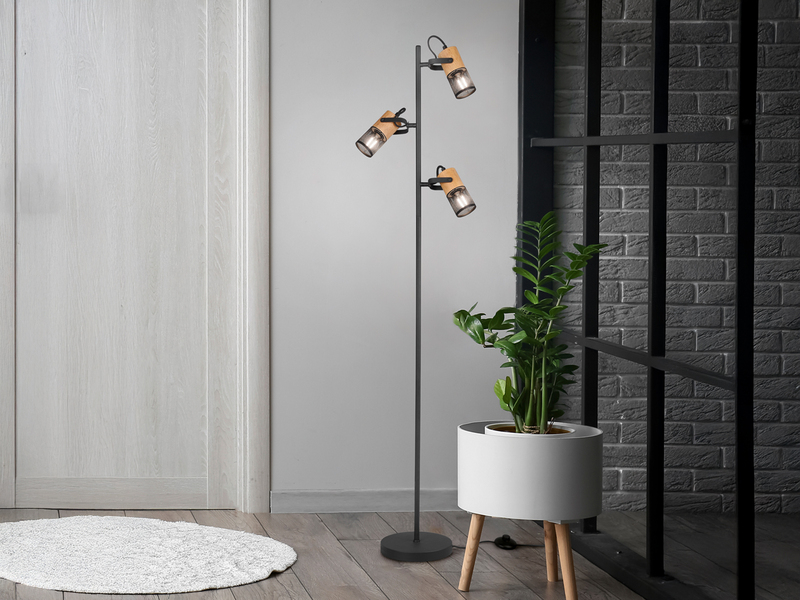 Stehlampe TOSH mit 3 Strahlern Gitter Schwarz & Holz, schwenkbar, Höhe 150cm