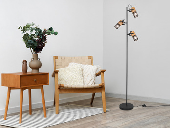Stehlampe TOSH mit 3 Strahlern Gitter Schwarz & Holz, schwenkbar, Höhe 150cm