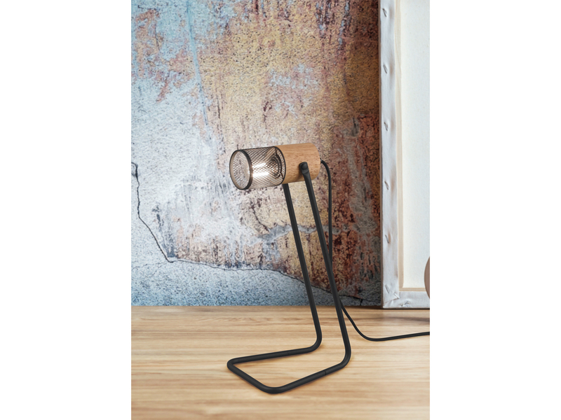 Industrial TOSH Tischlampe Metallgeflecht Metallschirm und Holzsockel, Höhe 40cm