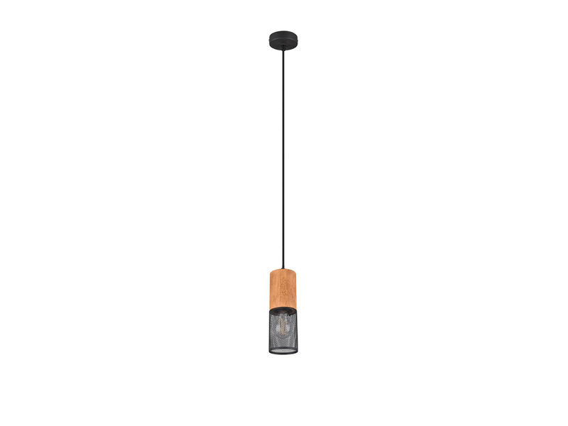 Industrial LED Pendellampe mit Drahtkorb Schwarz matt und Holzfassung, Ø10cm