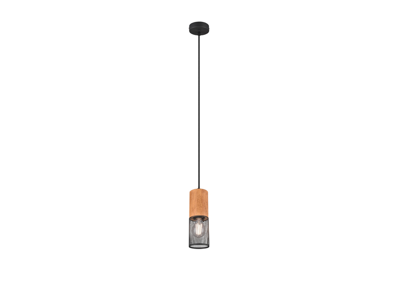 Industrial LED Pendellampe mit Drahtkorb Schwarz matt und Holzfassung, 10cmØ