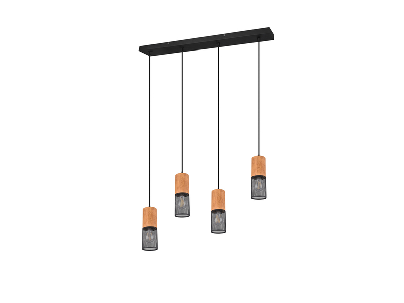 LED Pendelleuchte 4-flammig mit Lampenschirmen Schwarz & Holz, Breite 65cm