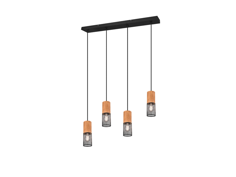 LED Pendelleuchte 4-flammig mit Lampenschirmen Schwarz & Holz, Breite 65cm