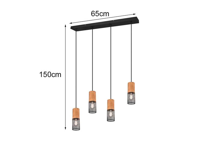 LED Pendelleuchte 4-flammig mit Lampenschirmen Schwarz & Holz, Breite 65cm
