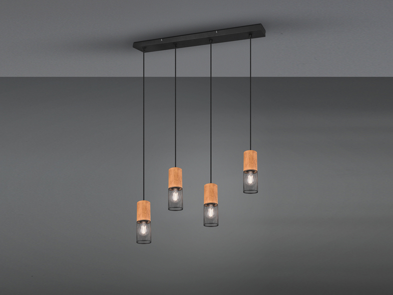 LED Pendelleuchte 4-flammig Lampenschirme Schwarz & Holz, Breite 65cm
