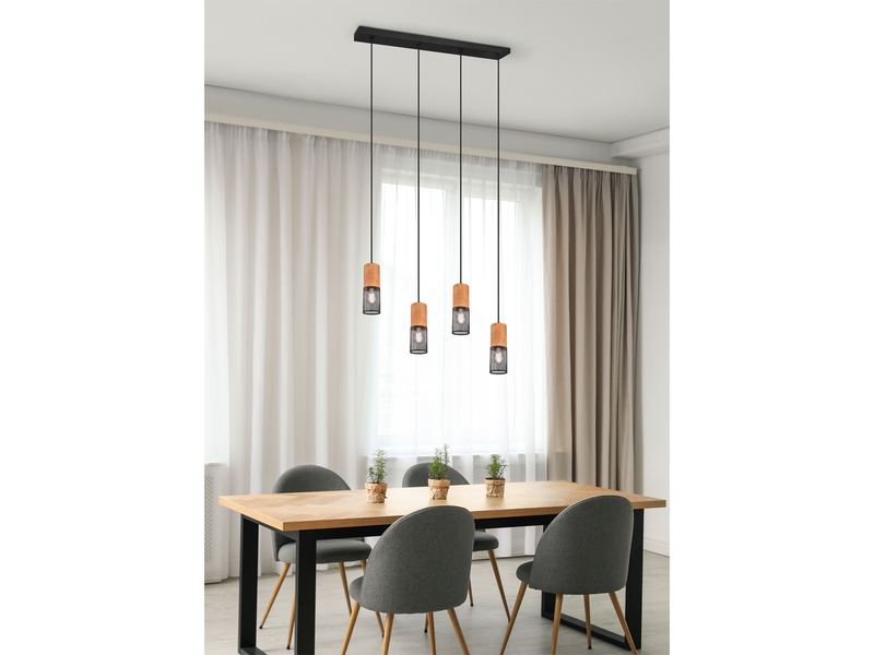 LED Pendelleuchte 4-flammig mit Lampenschirmen Schwarz & Holz, Breite 65cm